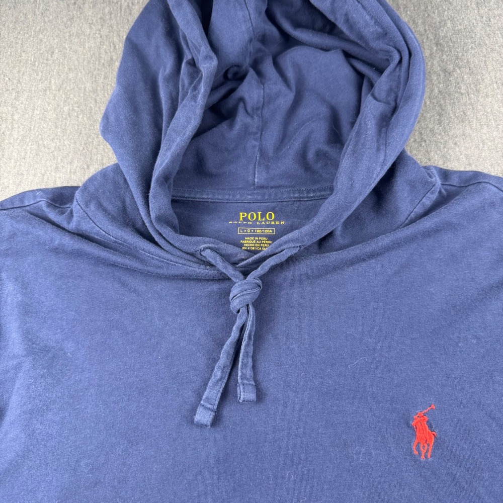 Polo Ralph Lauren Mens Navy Blue Cotton Long Sleeve Hooded T-Shirt Large L Pony